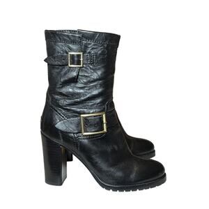 JIMMY CHOO Dart Black Leather Buckle Moto Biker Heeled Mid Calf Boots Size 37.5